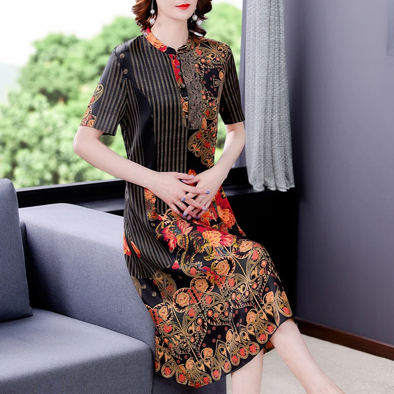 

2021 Vintage Casual Print Mulberry Silk Midi Dress Summer Women Slim L-4XL Plus Size Satin Sundress New Elegant Party Vestidos