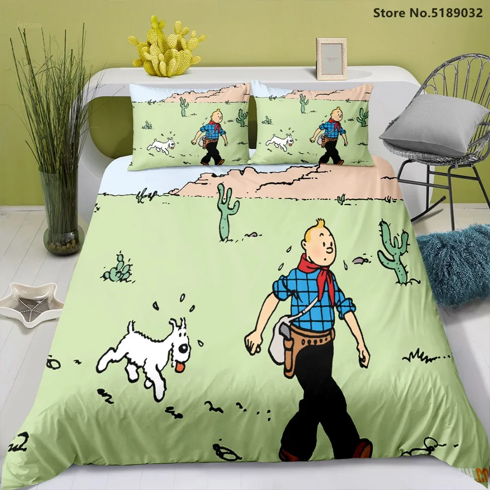 

Funny Bedding Sets The Adventures of Tintin Bed Quilt Cover Single Queen King Size Kids Girls Duvet Cover Cartoon Bedding Set