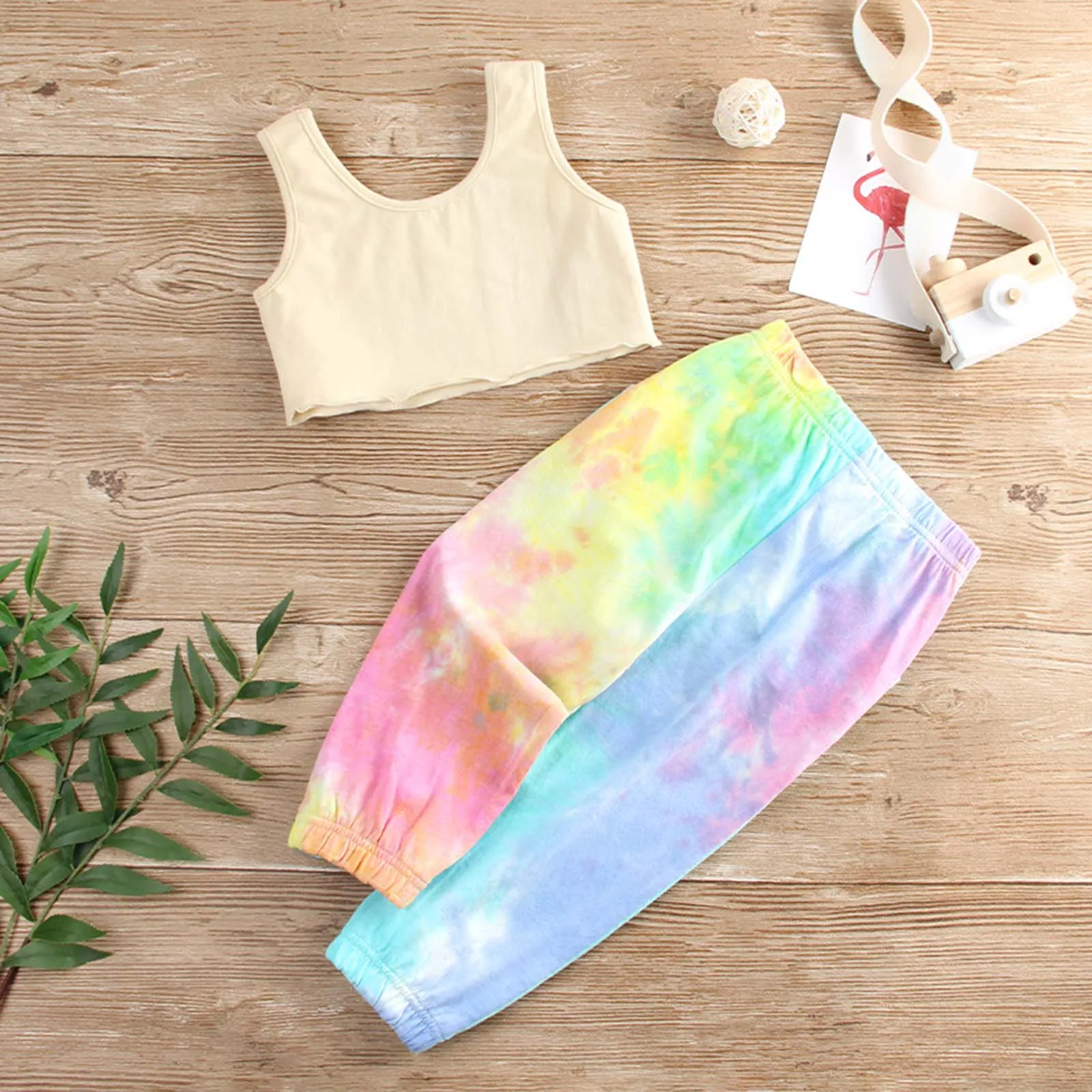 

Kids Girls Summer Set Sleeveless Cartoon Sun Moon Print Crop Top with Tie Dye Pants Children Fashion Gym Fitness Casual Wear