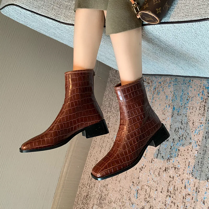 

FEDONAS Elegant Genuine Leather Women Ankle Boots 2020 Autumn Winter Square Toe Thick Heels Pumps Party Working Shoes Woman