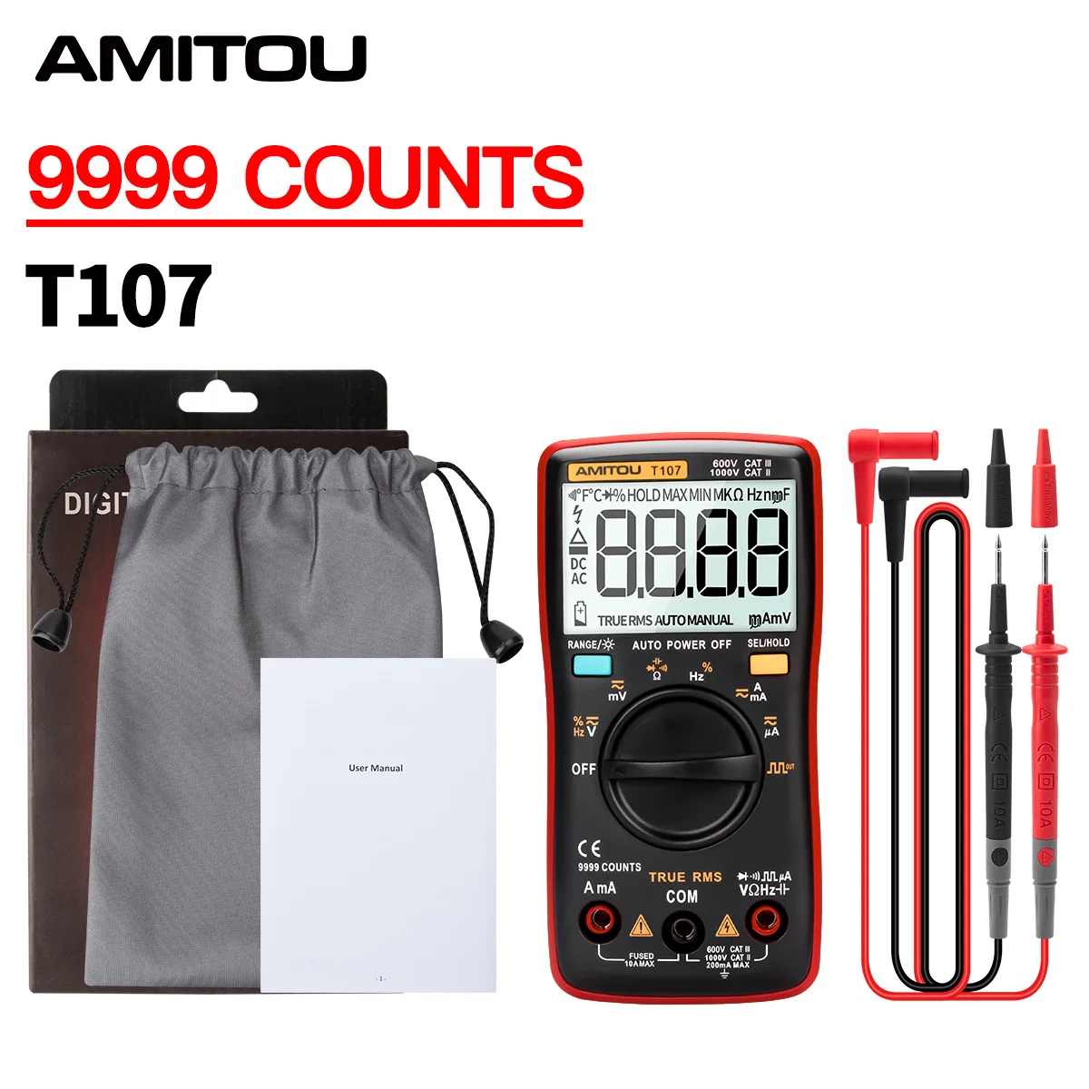 

AMITOU T107 9999 Counts True RMS Digital Professional Multimeter Automatic AC/DC Voltage Current Ammeter Electric Tester Buzzer
