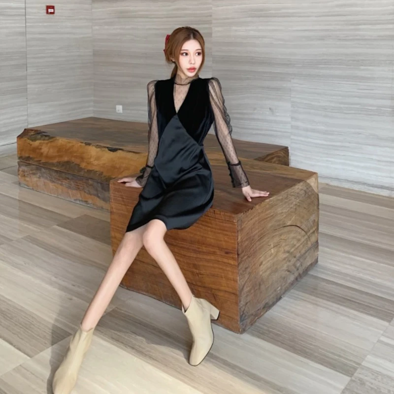 Joinyouth платья корейский Мини Тюль лоскутное Ropa Mujer глубокий v-образный вырез
