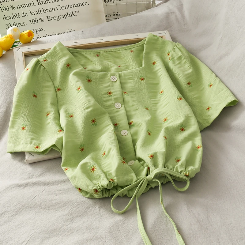 Pearl Diary Women Textured Cotton Crop Blouse Daisy Flower Print Square Neck Buttons Front Drawstring Waist Sweet Short Blouses | Женская