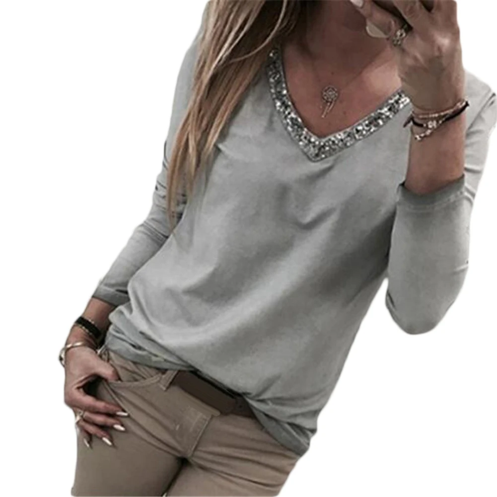 Осенняя Сексуальная Женская Повседневная блуза с v образным вырезом и блестками