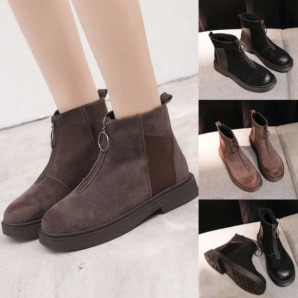 

Women's Casual Shoes Metal Buckle Front Zipper Round Head Solid Color Large Size Winter Authentic Popular Womens Shoes