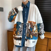 mens fashion bear print cardigan sweater 2021 spring and autumn style all match knitted sweater men harajuku korean clothes