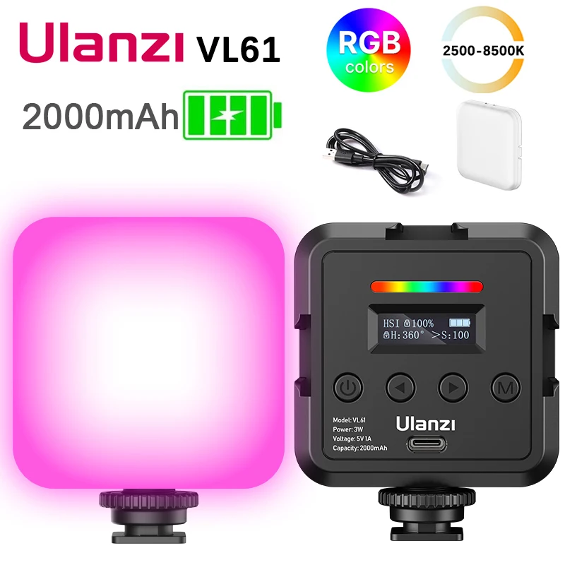 

Ulanzi VL61 RGB Video Light Dimmable 2500K-9000K Mini LED Lamp With Diffuser for Smartphone DSLR Camera Live Photography Vlog