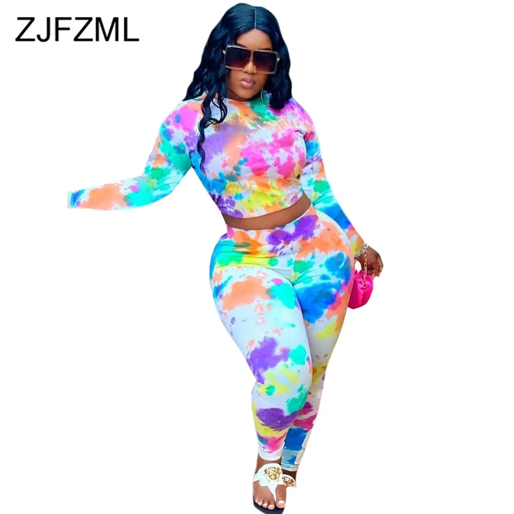 

Fitness Tie Dye Print 2 Piece Matching Set Women's Suit O-neck Long Sleeve Bandage Crop Top Sporty Jogger Legging Elastic Outfit