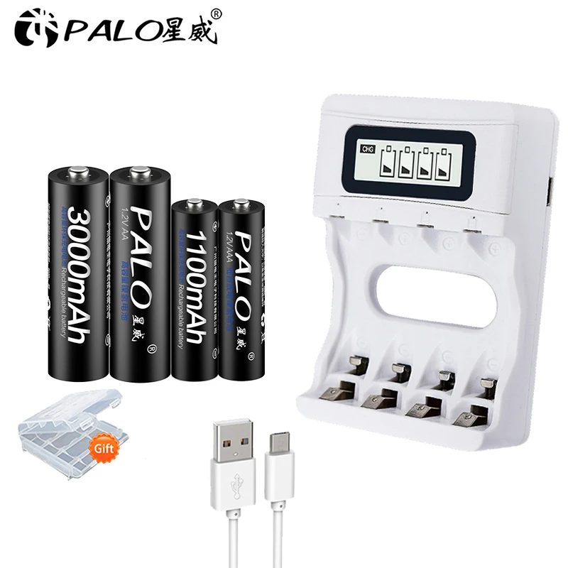 PALO ЖК-дисплей USB умное зарядное устройство для аккумуляторов AA AAA Ni-CD Ni-MH+ 4 батарейки AA+ 4 батарейки AAA - Цвет: charger and 2AA2AAA