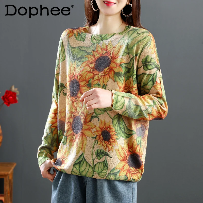 

Women New vintage Casual Sunflower Printed Long-Sleeved Knitwear Round Neck female Pullover ase Knit Sweater Loose Thin Top