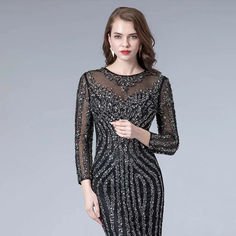 YQLNNE мусульманские черные вечерние платья с длинным рукавом Кристаллами круглым