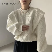 autumn casual pullovers white o neck puff sleeve hoodies women 3d flower patchwork fake two pieces sweatshirt streetwear full