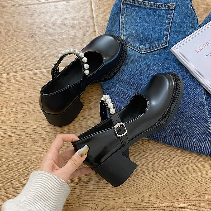 

Lolita Shoes Casual Heels 2021 Women's Sneakers on Thick Soles Navy Blue Pumps Sandals Ladies Shallow Mouth Round Toe Mary Jane