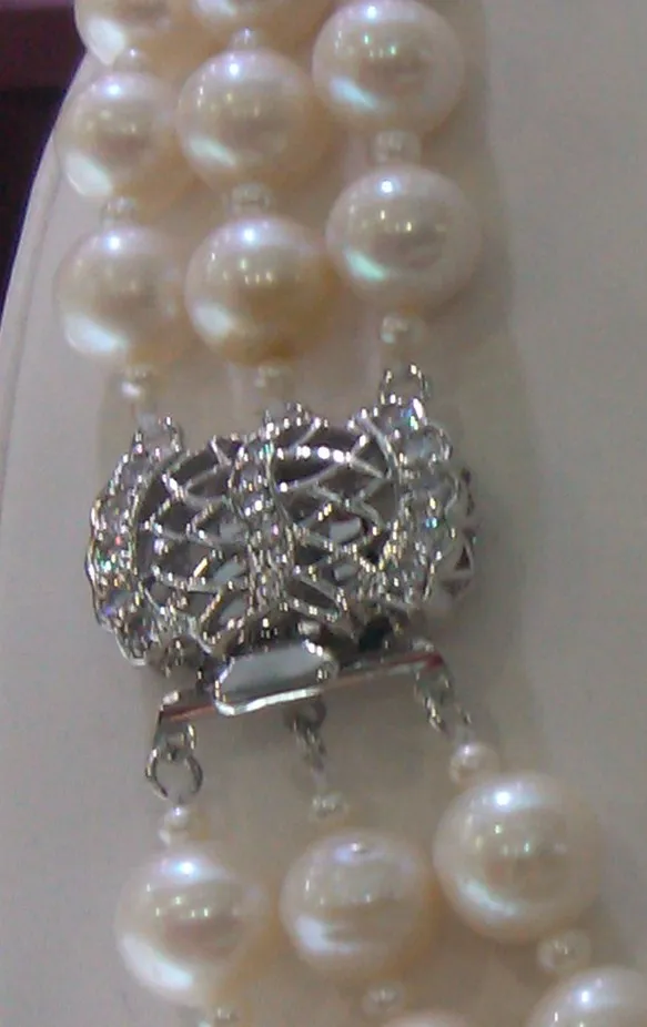 ?? 卸売3行ナチュラルaa 9-10ミリメートルホワイトラウンド淡水真珠と素敵なクラスプネックレス