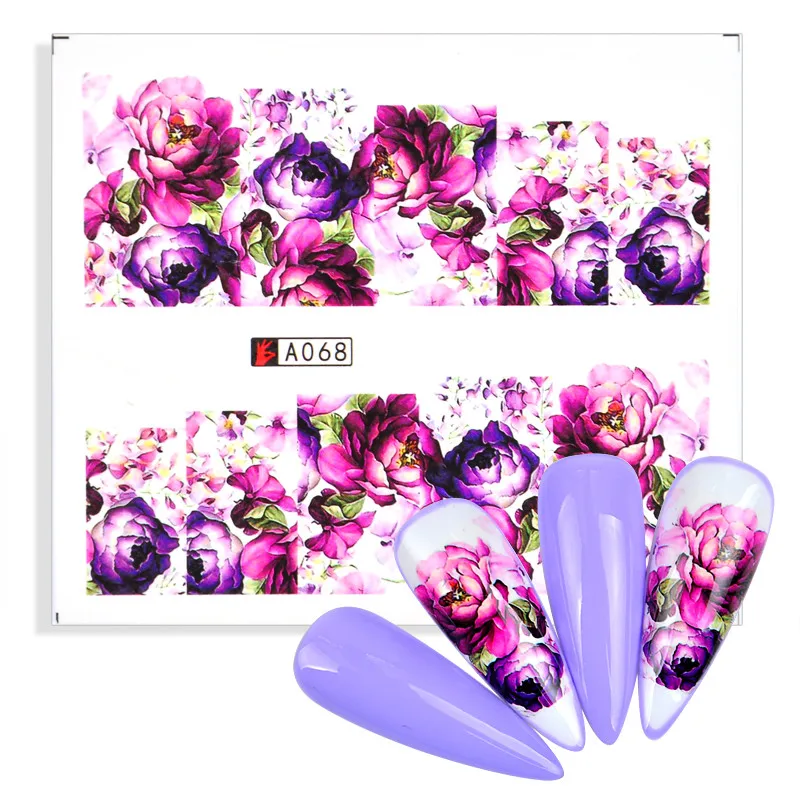 Водные Переводные наклейки для ногтей с фиолетовыми цветами картинки зелеными