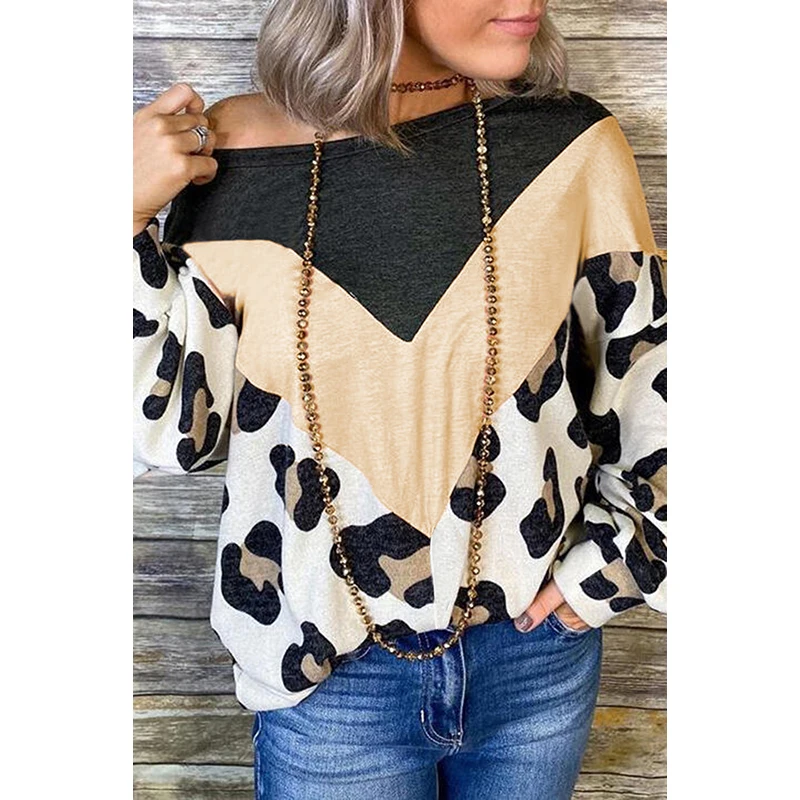 

2020 Plus Size Leopard Print Color Block Cold Shoulder Long Sleeve Top Vetement Femme Woman Clothes Mulher Camisetas 2XL