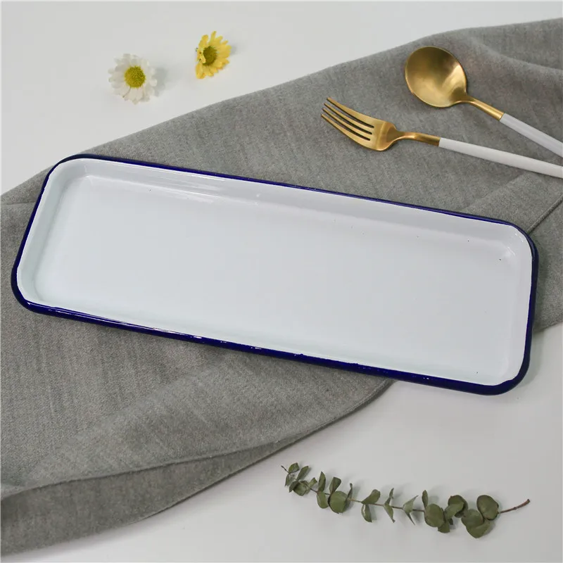 35 см белый с синим завитком прямоугольная Марка винтажная эмаль блюдо для суши