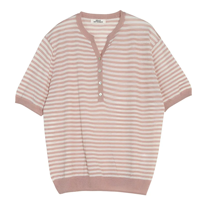 

Summer Korean Temperament Striped T-shirt Casual V-neck Loose Simple Short Sleeve Women's Tops Soft Breathable Office Lady Shirt