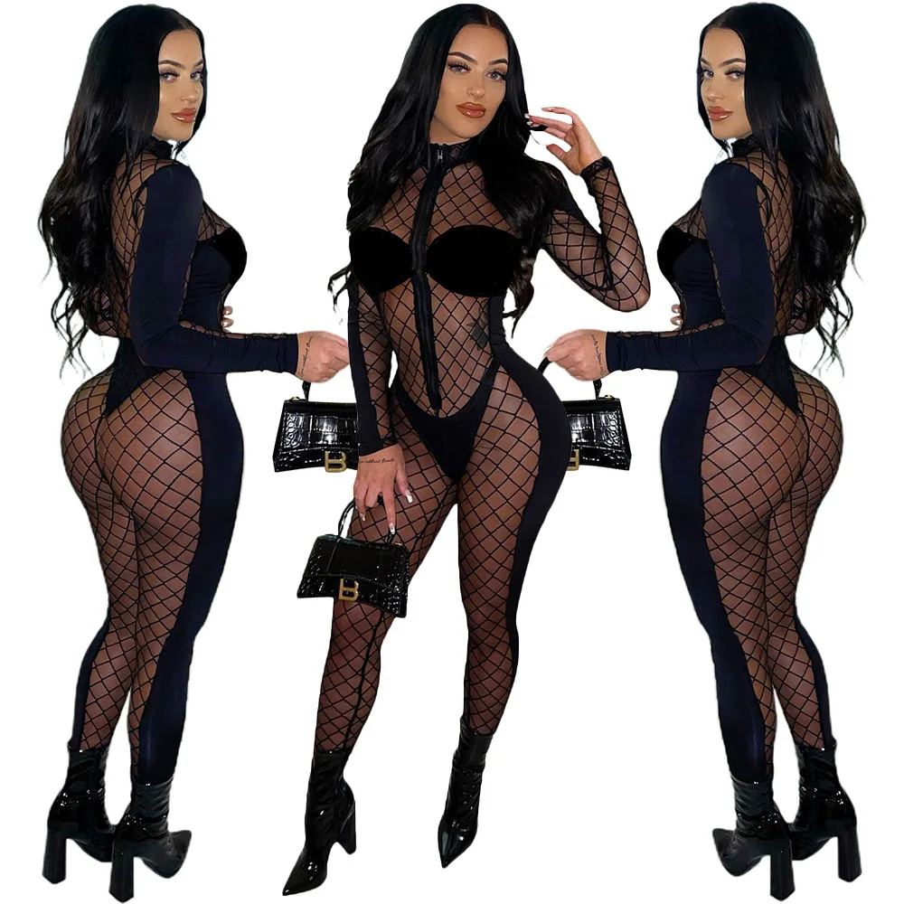 

Sheer Mesh See Though Velvet Patchwork Jumpsuit Woman Zipper Fly Bodycon Playsuits Sexy Party One Piece Overall Romper
