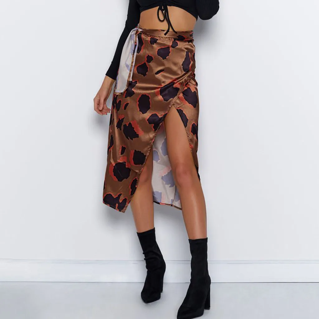 Women summer Side Split skirt Female High Waist Bandage Leopard Print Wrap Satin Bow Sexy Midi Skirts#g3 | Женская одежда