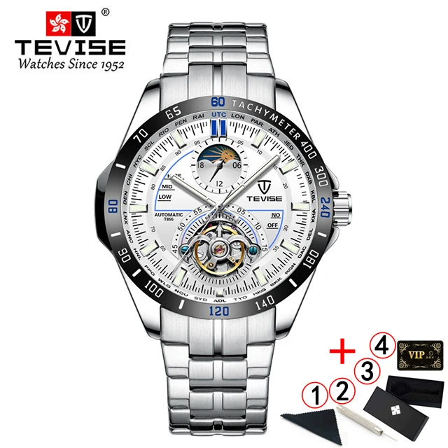 silver blue box Tevise механические часы модные роскошные мужские автоматические часы мужские деловые водонепроницаемые наручные часы Montre Homme - Цвет: silver blue box