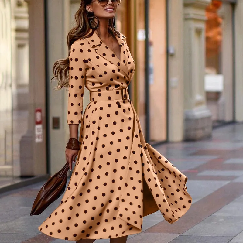 Autumn Women's Fashion Clothing 2021 Early Autumn Casual Temperament V-neck Polka Dot Long Dress Bohemian Dress for Women