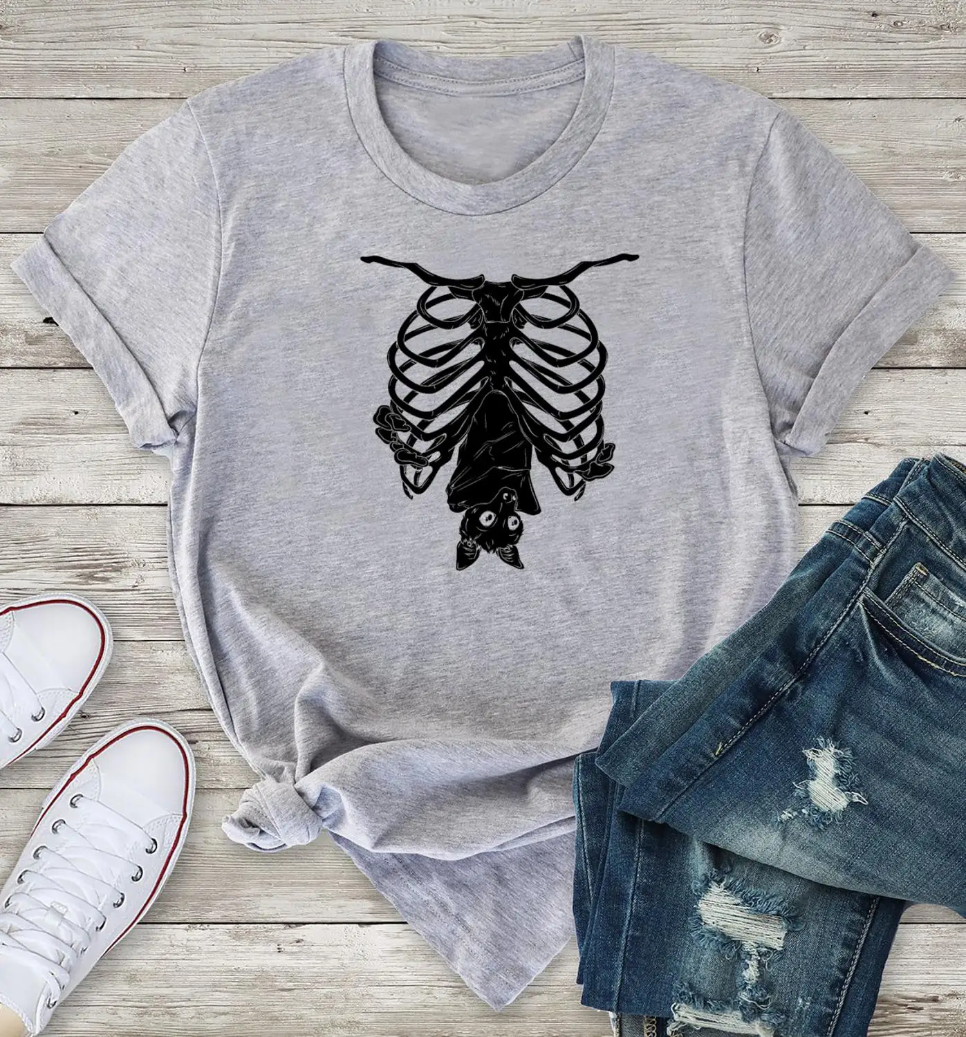 Creepy Bat skull Gothic T-Shirt funny 100% Cotton graphic street style Fashion grunge tumblr unisex women casual tshirt top tee | Женская