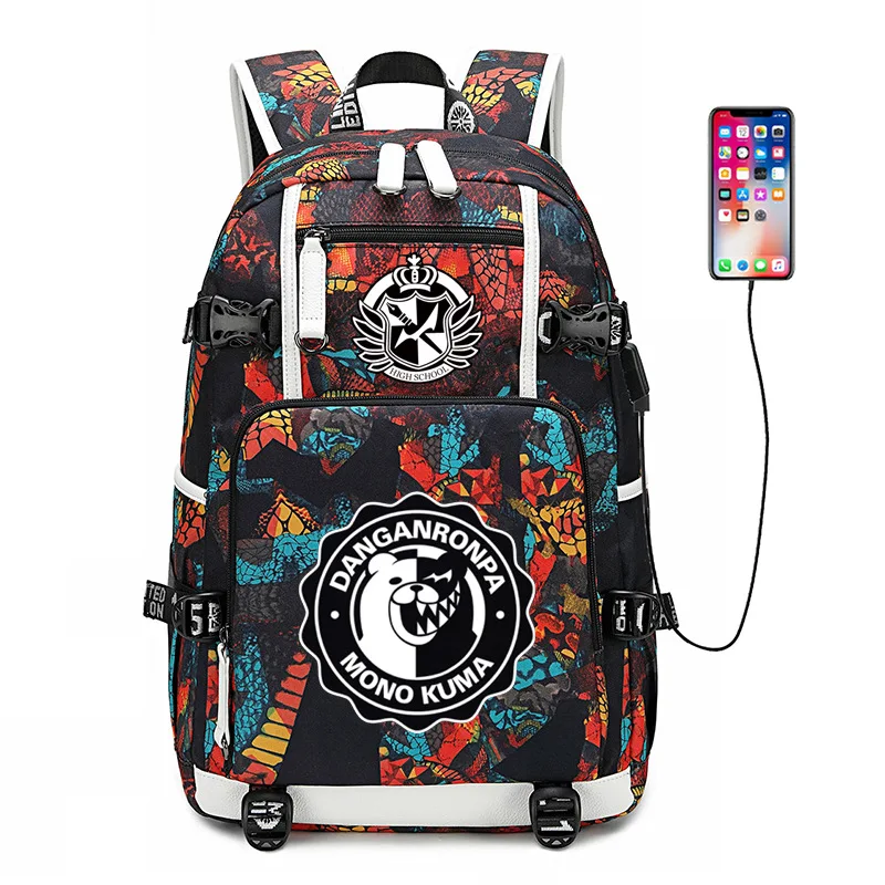 Черный и белый рюкзак Danganronpa с медведем USB портом сумка со змеиным узором