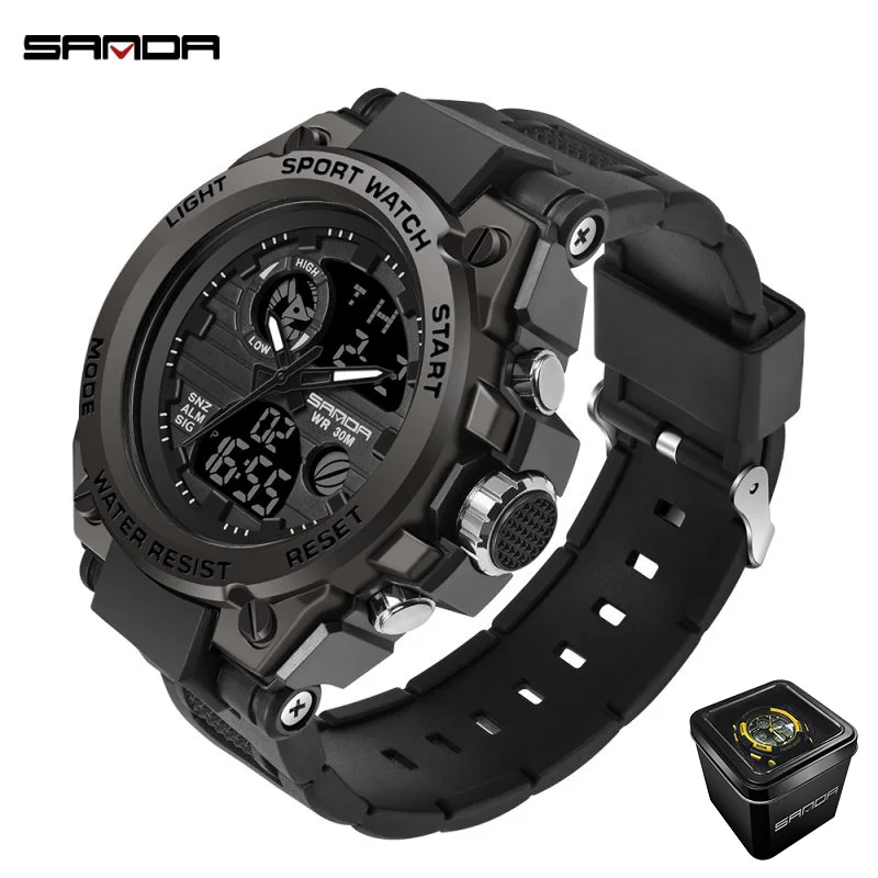all black(box) Sanda золотые мужские модные многофункциональные электронные уличные спортивные часы с двойным дисплеем водонепроницаемые светящиеся цифровые часы - Цвет: all black(box)