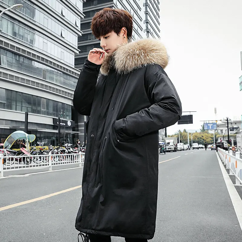 Мужской длинный пуховик Черный с большим воротником из белого утиного