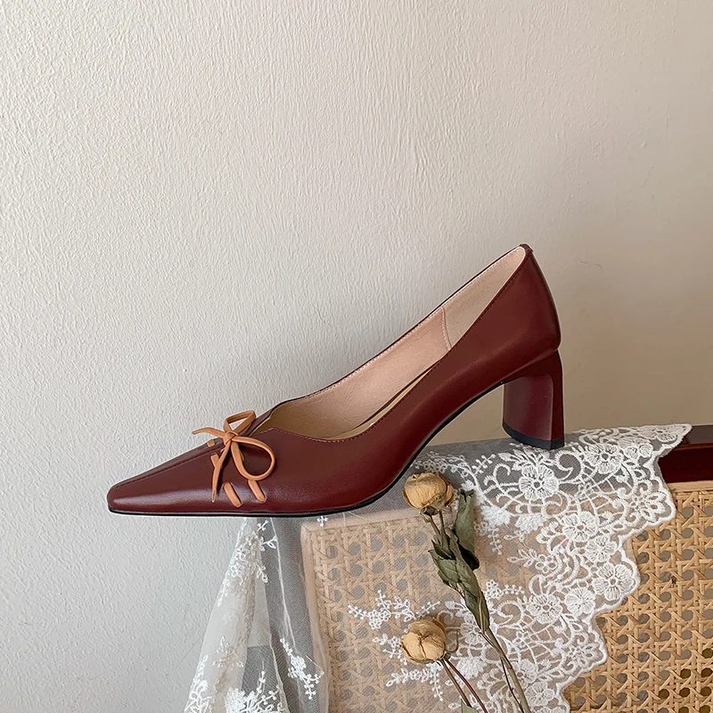 

Genuine Leather Shoes Woman Butterfly Knot High Heels Pumps Female Shallow Spring Newest Wedding Party Women's Shoes