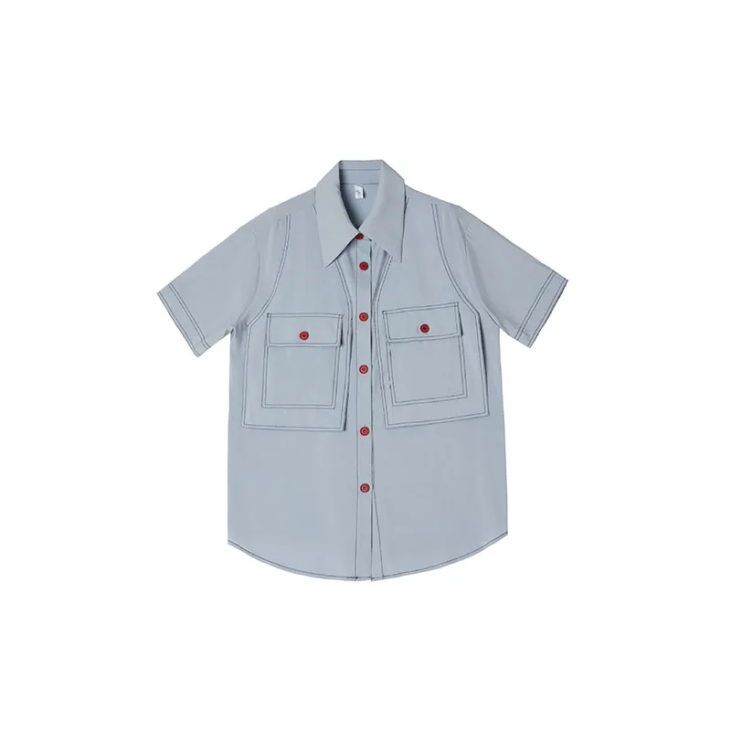 

2021 England Style Blue Shirt Big Pocket Red Button Fashion Lady Summer Bright Line Decoration Short Raglan Sleeve Women Blouse