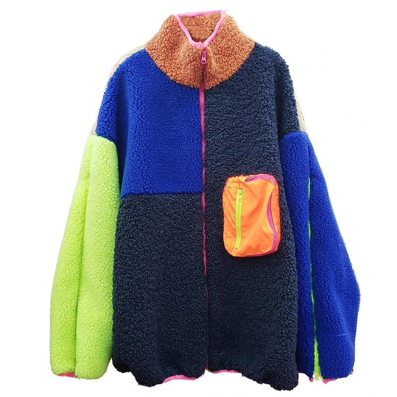 

Womens Winter New Fashion Loose Spliced Lamb Wool Short Warm Coat Streetwear Vintage O-Neck Zipper Pockets Female Outerwear