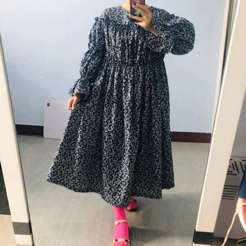 

[EAM] Women Khaki Pattern Printed Big Size Long Dress New Round Neck Long Puff Sleeve Loose Fit Fashion Spring Summer 2021 1W685