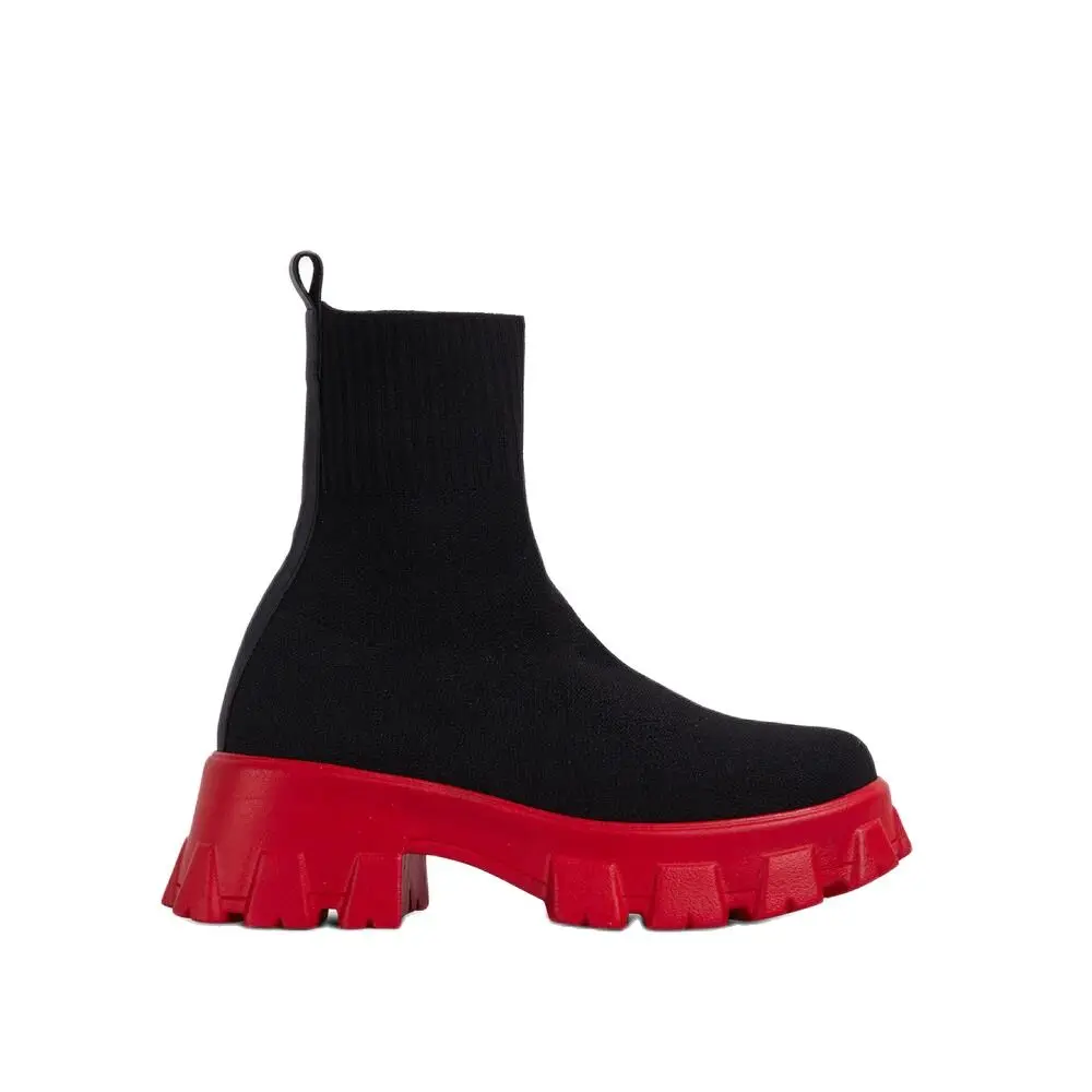 

New Autumn and Winter Red Chunky Sole Platform Sock Boots Stretch Fabric Shoes Women Mid-Calf Thick Heel Chelsea Booties