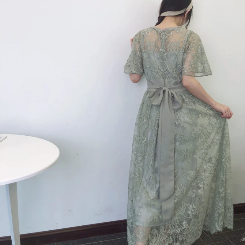 

Heavy Industry Embroidery Lace Long Dress V-neck Flare Sleeve Slim Waist Ball Gown Dresses Summer Vestido Elegante with Camis
