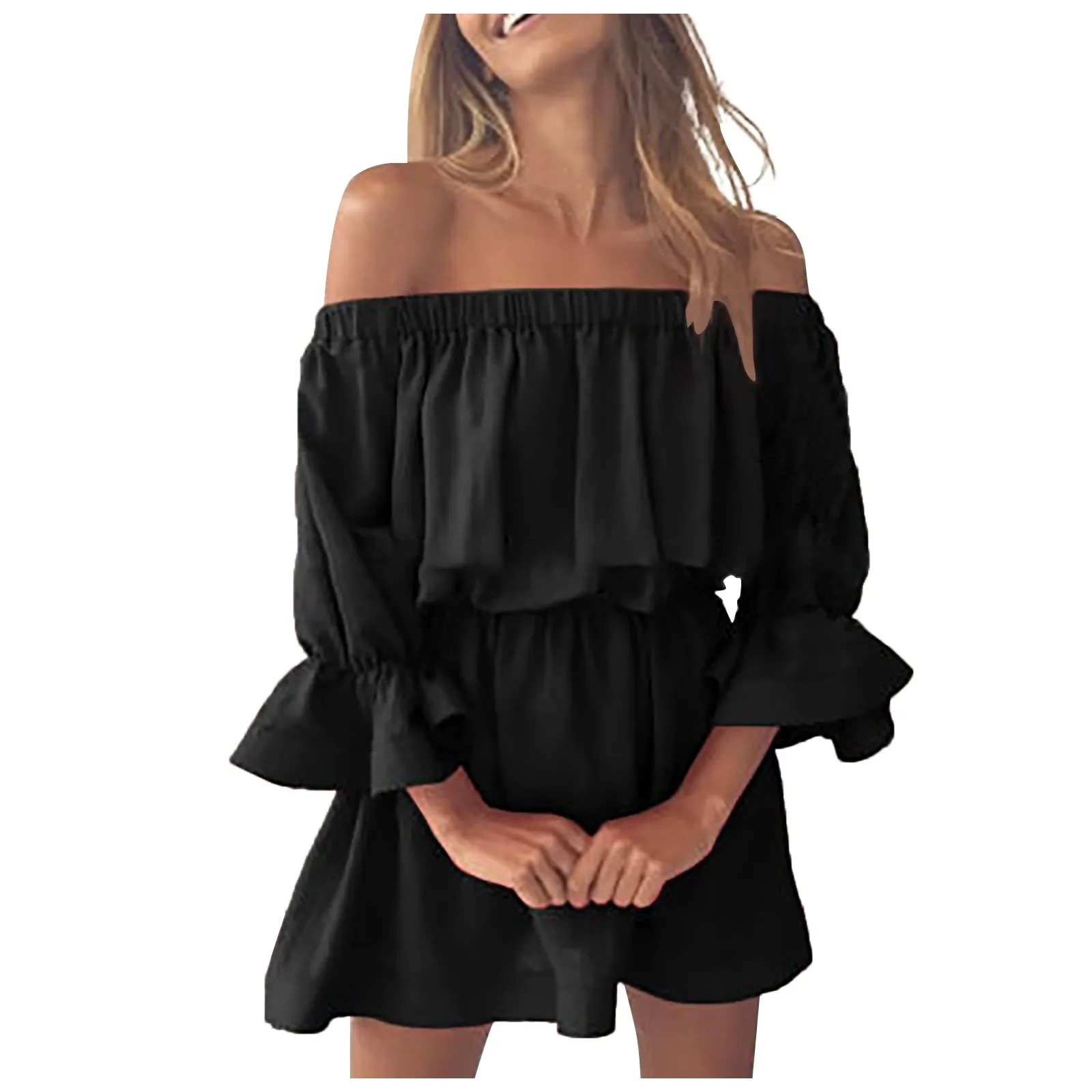 Женское платье с вырезом-лодочкой очень короткое летнее закрытой талией и