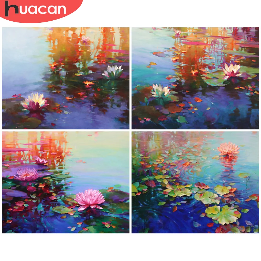 

HUACAN DIY Frame Picture By Numbers Lotus Flower Unique Gift Wall Art HandPainted Paint By Number Lake For Living Room