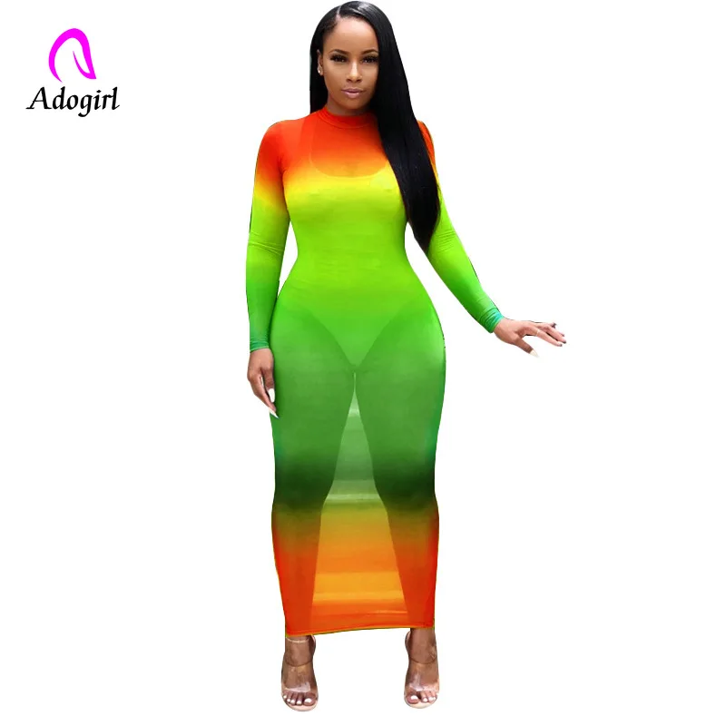 Платье Макси женское Сетчатое с длинным рукавом и высоким воротником|Женские