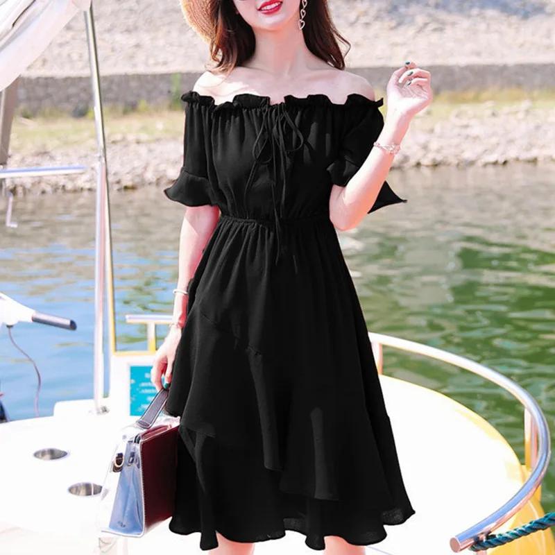 

ETOSELLWomen Summer Dresses Plaid Slash Neck Off Shouder Vestidos Ruffles A-line High Waist Dress