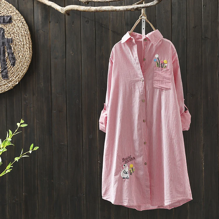 

Striped Embroidery Long Blouses Woman Fashion Tunics Chemise Vetement Femme 2021 Blusas DM001