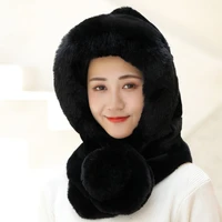 womens winter thickened cold proof big hair ball face protection plush hat scarf integrated cap biking ear warm