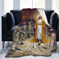 new fashion 3d printing jesus comfortable plush blanket printing flannel bed linen soft blanket square picnic soft blanket