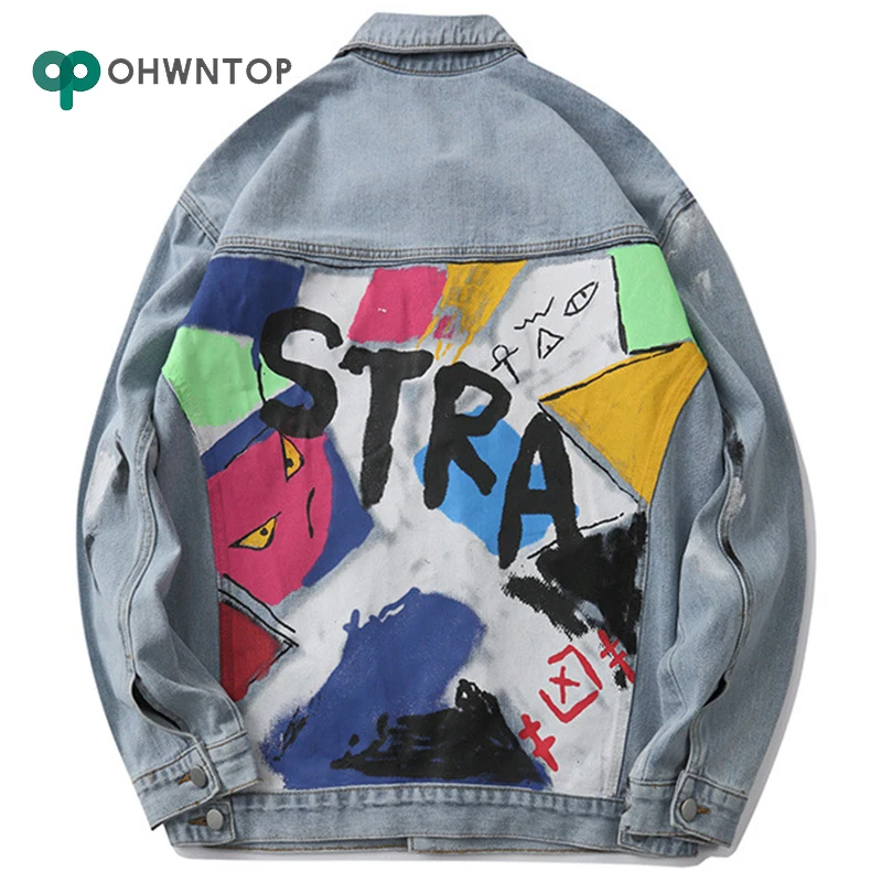 

Mens Denim Bomber Jackets Ripped Holes Vintage Gothic Creative Graffiti Print Jacket Jeans Distressed Streetwear Hip Hop 2020
