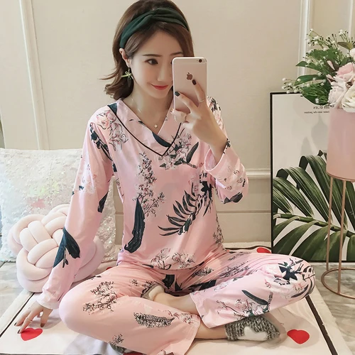 CYT aoni 508pink Для женщин домашняя одежда в Корейском стиле для беременных Костюмы сезон: весна-лето белый V образным вырезом ночная рубашка с длинным рукавос зимняя ночная рубашка для кормящих с цветочным рисунком Пижама для беременных комплект - Цвет: CYT aoni 508pink