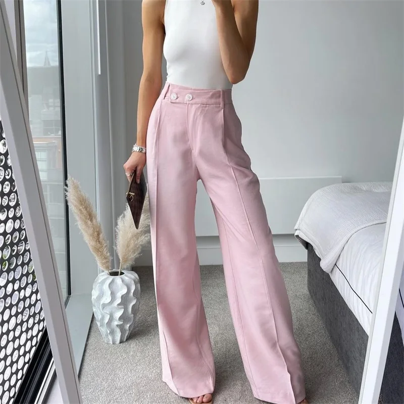 

ZXQJ Women 2021 Chic Fashion Front Double-breasted Pants Vintage High Elastic Waist Zipper Fly Female Ankle Trousers Mujer