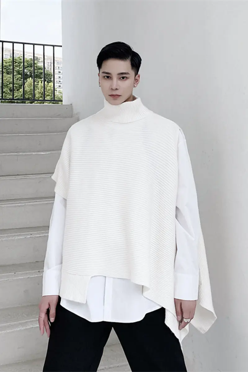

IEFB / men's wear Niche design asymmetric clock style sweater male's split shawl knitted tops trendy Turtleneck clothes 9Y4071