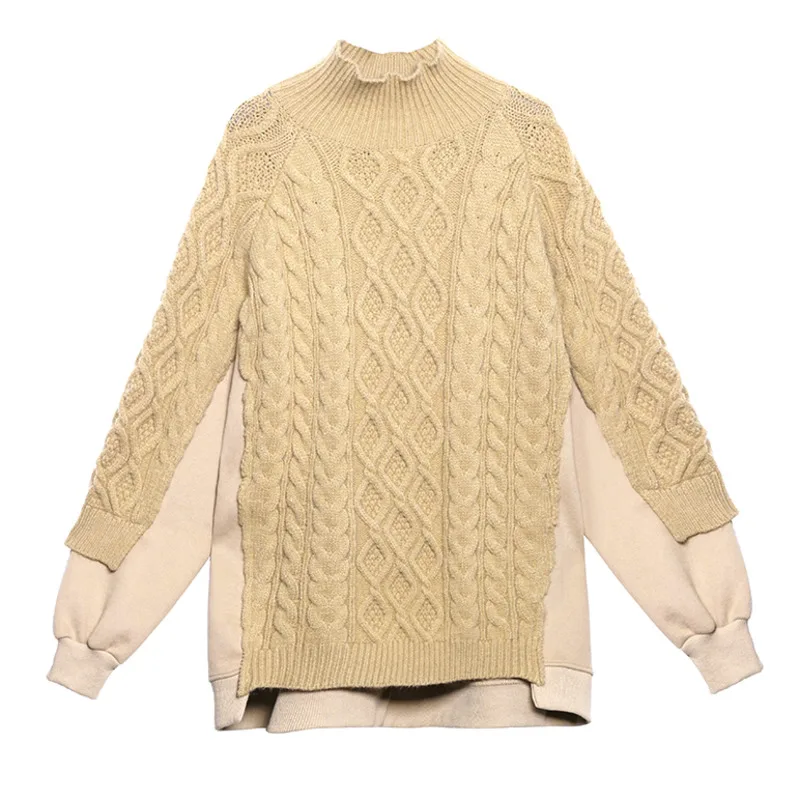 

XUXI Stitching Knitting Sweater Women LongSleeve Plus Velvet Thickening Loose Turtleneck Pullovers Streetwear Winter 2020 FZ3388