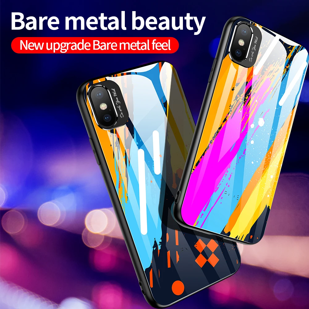 Graffiti Tempered Glass Phone Case For iPhone 11 Pro 7 8 Plus 3D Metal Lens Soft TPU Back Cover X XS XR Colorful Capa | Мобильные
