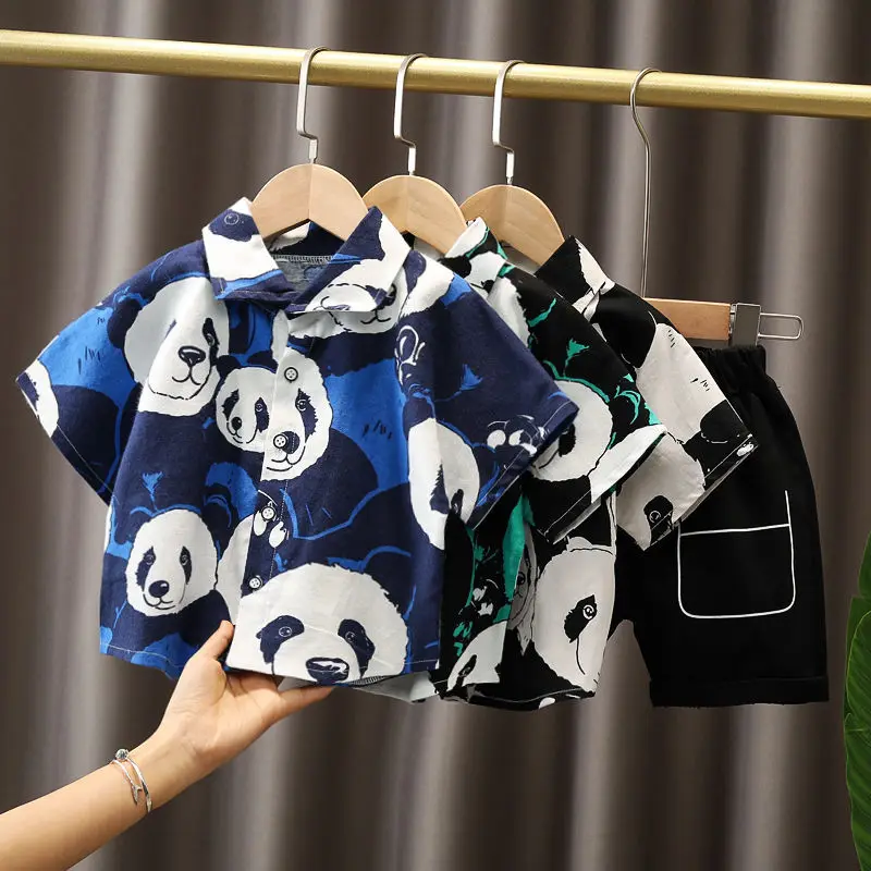 

Boy Sets 2021 New Kids Cartoon Panda Print Short-sleeve Shirt Small Children Clothes Summer Baby Boys Fashion Two-piece